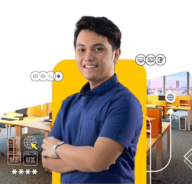 gas 2 gambar animasi seorang pria sedang mendesain website dan astronot yang menggunakan laptop sebagai simbol website yang mengudara di dunia digital.